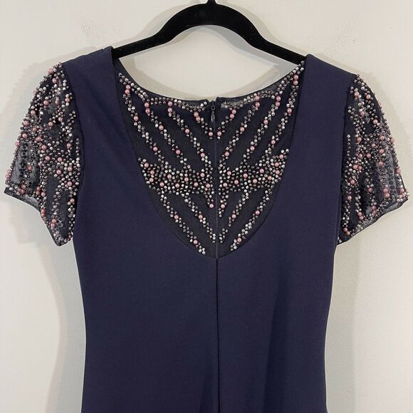 Xscape Women's Navy Short Sleeve Pearl Embellished Sheath Dress Size 4 - Picture 6 of 8